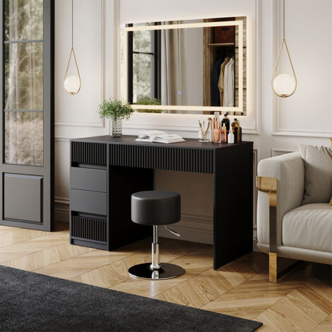 Coiffeuse Omira, Noir, 120 cm avec miroir LED et tabouret, Vicco
