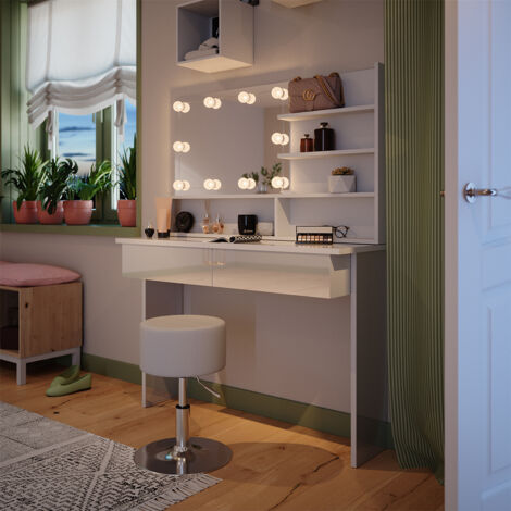 Coiffeuse Azur, Blanc, 120cm avec éclairage LED et tabouret, Vicco