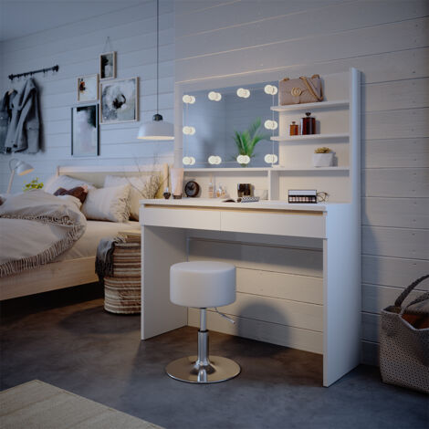 Coiffeuse Layla Blanc Gris Avec Miroir LED Et Tabouret - Vicco, Design Moderne Pour Ado