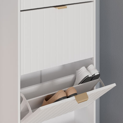 Vicco – Armoire à chaussures blanche 60x166.7cm – 4 compartiments – Panneau de particules et métal – Étagère stable et peu encombrante (1/5)