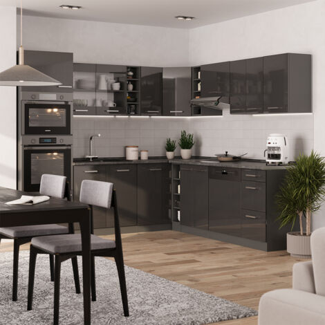 Cuisine D'Angle R-Line En Forme De J - Blanc/Anthracite - 257 X 277 Cm - 17 Modules - Kit à Monter