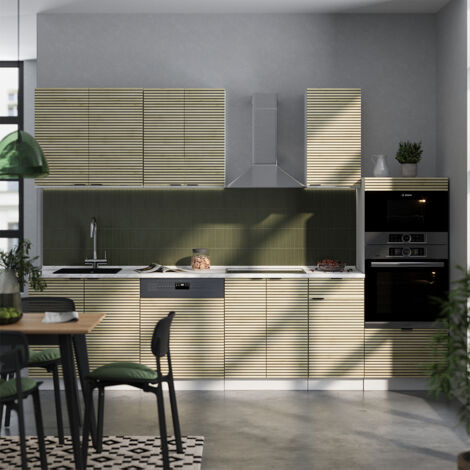 Cuisine Fame-Line, Chêne lambris/blanc, 300cm avec armoire haute, PT Marbre, Vicco