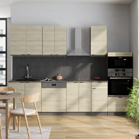 Cuisine Fame-Line, Chêne lambris/anthracite, 300cm avec armoire haute, PT Chêne, Vicco