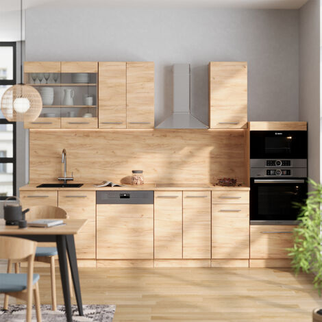 Cuisine Fame-Line, Chêne de force doré, 300cm avec armoire haute, PT Anthracite, Vicco