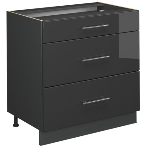 Meuble cuisine Fame-Line, Anthracite Haute brillance, 80cm avec 3 tiroirs, PT Anthracite, Vicco