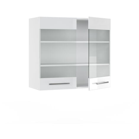 Meuble de cuisine haut vitré Fame-Line, Blanc Haute brillance, 80 cm, Vicco