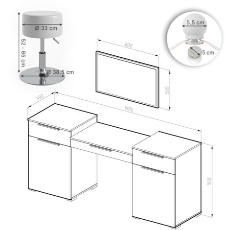 Coiffeuse Lilli, Blanc, 190 cm avec éclairage LED et tabouret, Vicco