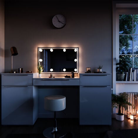 Coiffeuse Lilli, Blanc, 190 cm avec éclairage LED et tabouret, Vicco