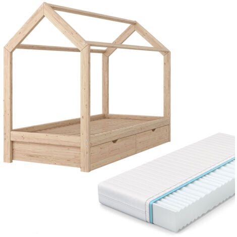 Lit cabane „Design 80x160cm Nature avec 2 tiroirs et matelas VitaliSpa