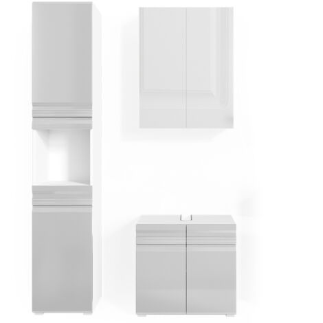 Ensemble de meubles de salle de bain Fredd, Blanc Haute brillance, 3 pièces, avec armoire haute, Vicco