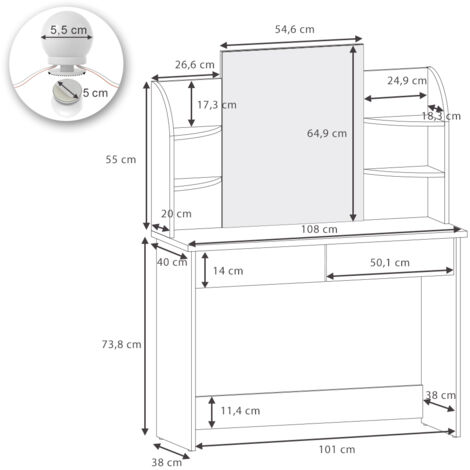 Coiffeuse Charlotte, Blanc/Sonoma, 108 cm avec éclairage LED, Vicco