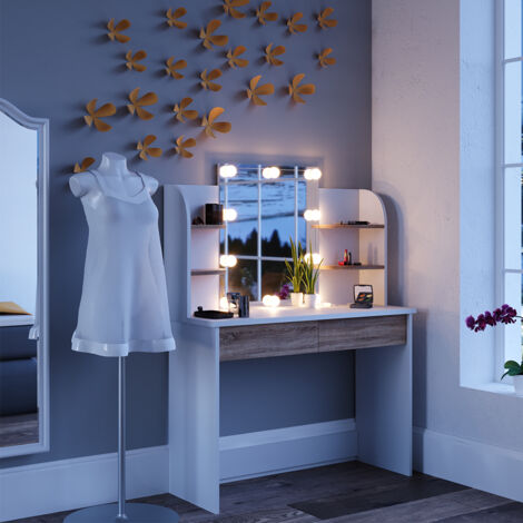 Coiffeuse Charlotte, Blanc/Sonoma, 108 cm avec éclairage LED, Vicco