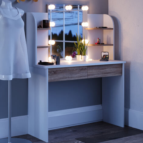 Coiffeuse Charlotte, Blanc/Sonoma, 108 cm avec éclairage LED, Vicco