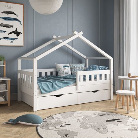 Lit cabane Design, Blanc, 80x160 cm avec 2 tiroirs et matelas, Vitalispa
