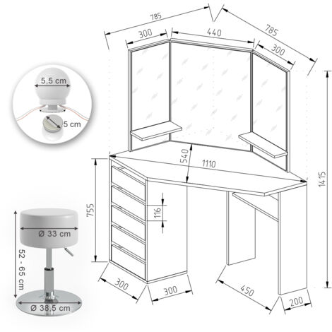 Vicco coiffeuse Conrada, Blanc/Sonoma, 80 cm avec éclairage LED et