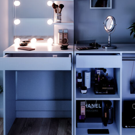 Vicco Coiffeuse Isabelle, Blanc, 60cm avec éclairage LED et Tabouret, Peu encombrant et Fonctionnel à la Fois