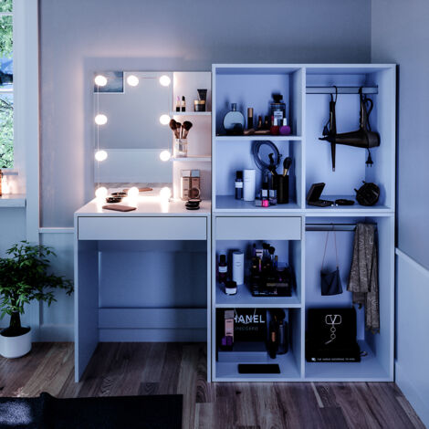 Coiffeuse Isabelle, Blanc, 140cm avec éclairage LED et armoires, Vicco