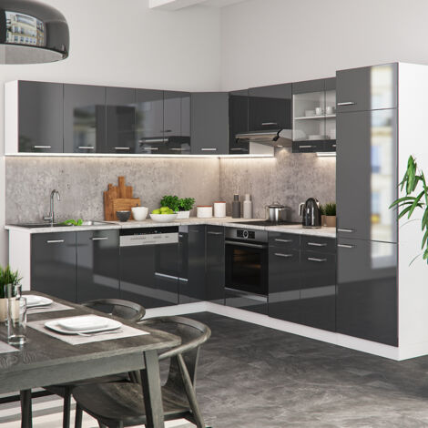 Cuisine en angle R-Line, Anthracite brillant/blanc, 227 x 287 cm sans plan de travail, Vicco (1/5)