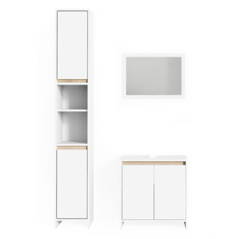 Ensemble de meubles de salle de bain Emma, Blanc/Sonoma, 3 pièces, avec armoire haute, Vicco