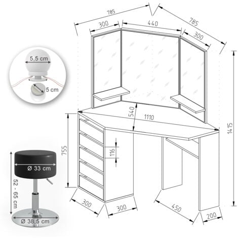 Coiffeuse Arielle, Noir, 110 cm avec éclairage LED et tabouret, Vicco