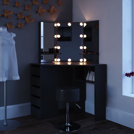 Coiffeuse Arielle, Noir, 110 cm avec éclairage LED et tabouret, Vicco