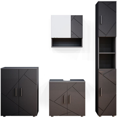 Ensemble de meubles de salle de bain Irma, Anthracite Haute brillance, 4 pièces, avec armoire haute et commode, Vicco