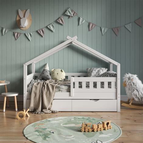 Lit cabane Design, Blanc, 80x160 cm avec lit d'appoint et matelas, Vitalispa (1/5)