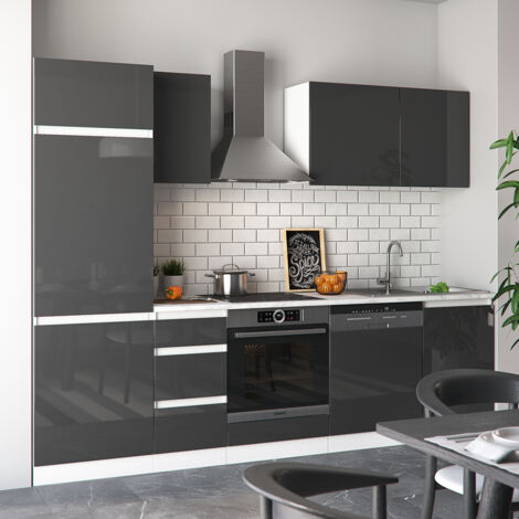 Cuisine Optima, Anthracite Haute brillance, 270 cm sans plan de travail, sans poignée, Vicco