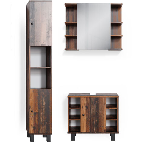 Ensemble de meubles de salle de bain Fynn, Chêne rustique, 3 pièces, avec armoire haute, Vicco