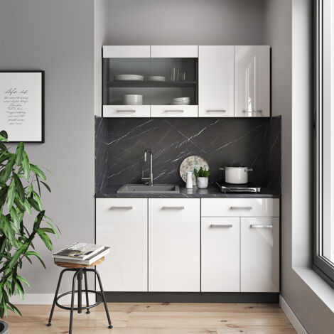 Cuisine R-Line, Blanc brillant/Anthracite, 140 cm sans plan de travail, Vicco