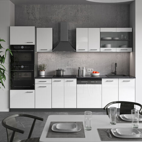 Cuisine R-Line, Blanc brillant/Anthracite, 300 cm avec armoire haute, sans plan de travail, Vicco