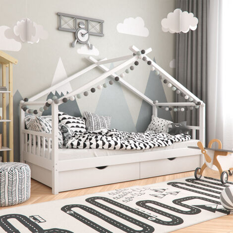 Lit cabane Design, Blanc, 90x200 cm avec 2 tiroirs, Vitalispa (1/5)