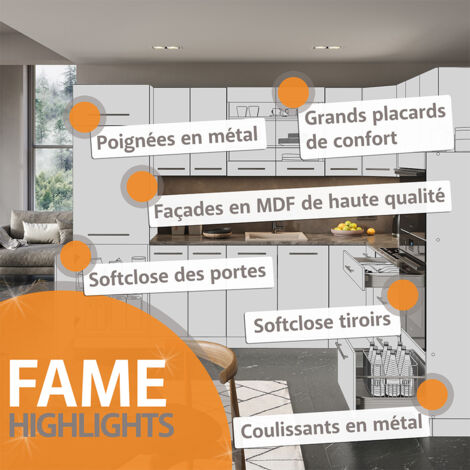 Cuisine Fame-Line, blanc brillant/blanc, 200 cm sans plan de travail, Vicco