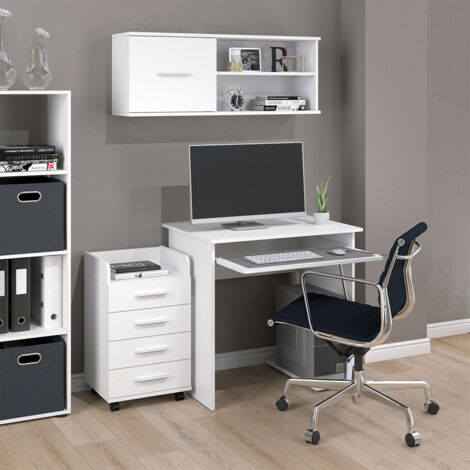 Vicco – Bureau droit blanc 80 x 58 cm – Panneaux de particules 16 mm – Étagère de clavier extensible – Design minimaliste pour petits espaces (1/5)