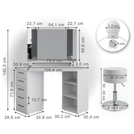 Coiffeuse Sofia, Blanc, 128.4 cm avec éclairage LED et tabouret, Vicco