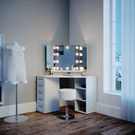 Coiffeuse Sofia, Blanc, 128.4 cm avec éclairage LED et tabouret, Vicco