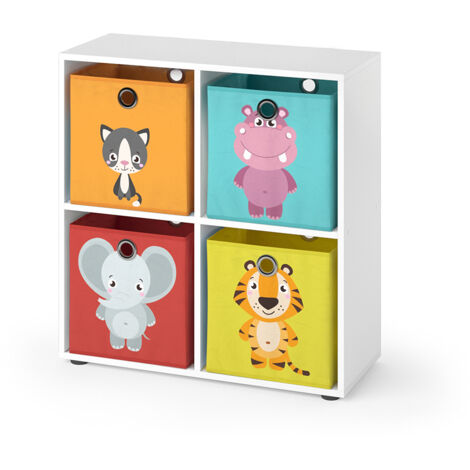 Bibliothèque enfant Tetra, Blanc, 72.6 x 72 cm avec 4 boxes pliants (rouge/jaune), Vicco