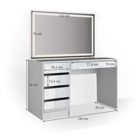 Coiffeuse Sherry, Blanc, 120 cm avec éclairage LED, Vicco