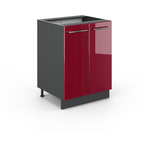 Meuble bas de cuisine Fame-Line, Rouge bordeaux Haute brillance, 60 cm sans plan de travail, Vicco
