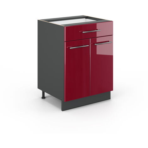 Meuble cuisine Fame-Line, Rouge bordeaux Haute brillance, 60 cm avec tiroir, sans plan de travail, Vicco