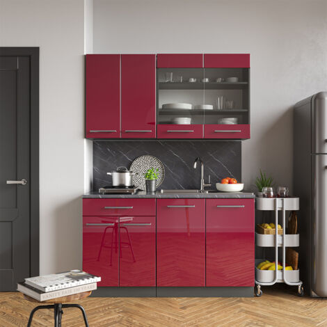 Cuisine Fame-Line, Bordeaux haute brillance/anthracite, 140 cm sans plan de travail, Vicco
