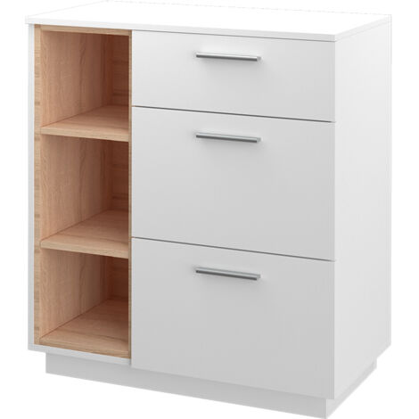 Commode Nautica Blanche 138x82x40 Cm - 3 Tiroirs, Style Scandinave, Pieds En Hêtre, Rangement Salon/chambre
