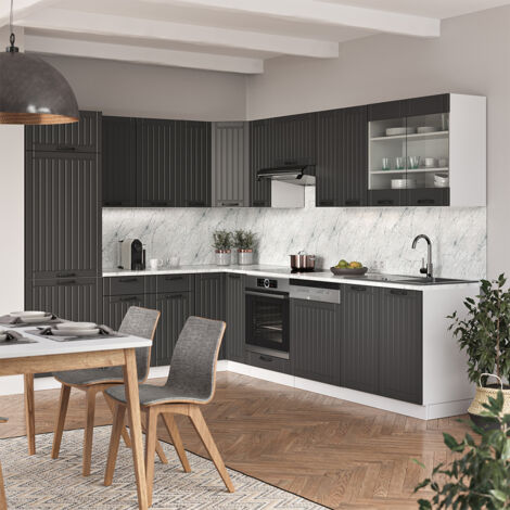 Cuisine en angle Fame-Line, Anthracite maison de campagne/blanc, 227 x 60 cm sans plan de travail, Vicco