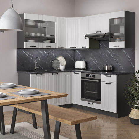 Cuisine en angle Fame-Line, Blanc cottage/anthracite, 160 x 60 cm sans plan de travail, Vicco