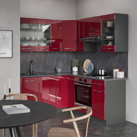 Cuisine en angle Fame-Line, Bordeaux haute brillance/anthracite, 160 x 60 cm sans plan de travail, Vicco (1/5)