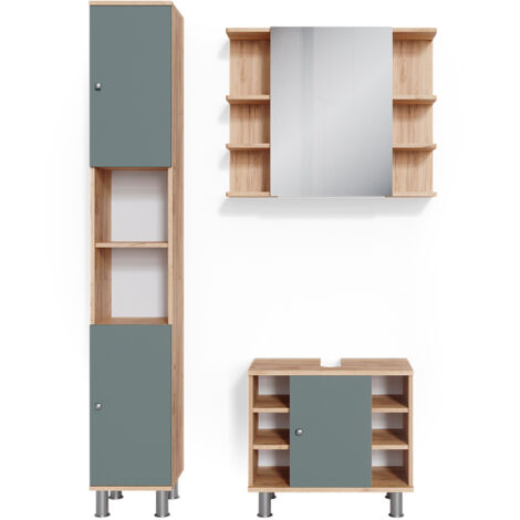 Ensemble de meubles de salle de bain Fynn, Vert, 3 pièces, avec armoire haute, Vicco
