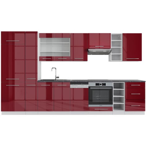 Cuisine Fame-Line, Bordeaux haute brillance/blanc, 355 cm sans plan de travail, Vicco