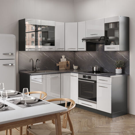Cuisine en angle Fame-Line, Blanc brillant/Anthracite, 160 x 60 cm sans plan de travail, Vicco