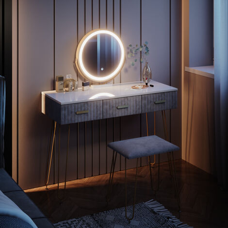 Vicco Coiffeuse Amira, Blanc Haute Brillance, 99cm avec Miroir LED, Tabouret et USB, adapté pour Une Installation Peu encombrante dans Les Coins de la pièce