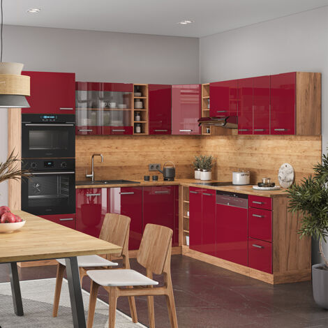 Cuisine en angle R-Line, Rouge brillant/Chêne doré, 247x46cm sans PT, Vicco
